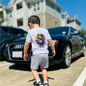 Kids White Graphic Tee and Grey Shorts Set